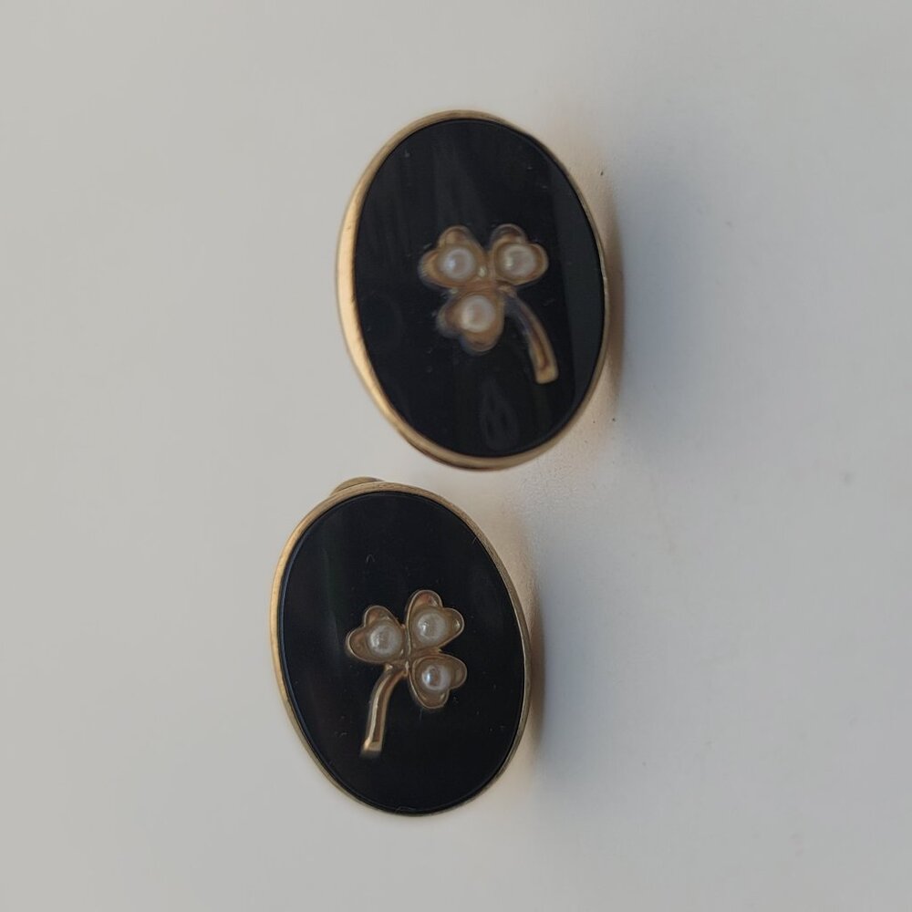 Antique Victorian Gold Filled & Seed Pearl Mourning Shamrock Clover Earrings